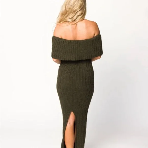 Strapless Ribbed knit Maxi Dress in Dark Olive Aston Worth Collective Label Sz S - Picture 4 of 4